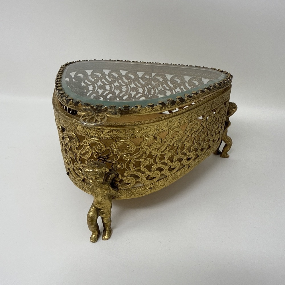 Vintage Gold Tone Ormolu Beveled Glass Casket Jewelry Box Filigree Hollywood